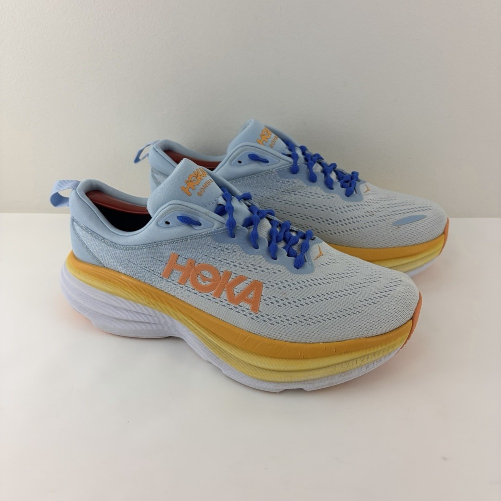 Women's HOKA Bondi 8 Wide Running Shoes Blue Orange Size 10D Athletic